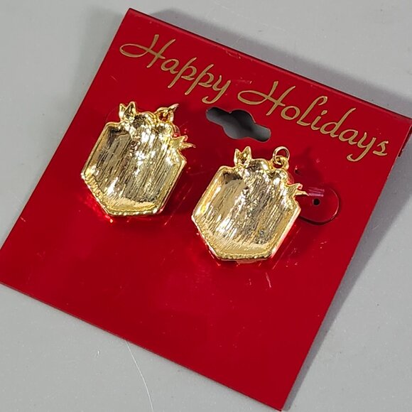 Happy Holidays Christmas Present Box Earrings Rhinestone Wrapped Red Enamel Set - Picture 8 of 8